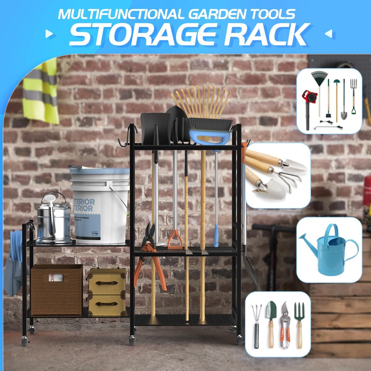 Garden Tool Storage Rack with 6 Hooks and 2-tier Metal Shelves T863215