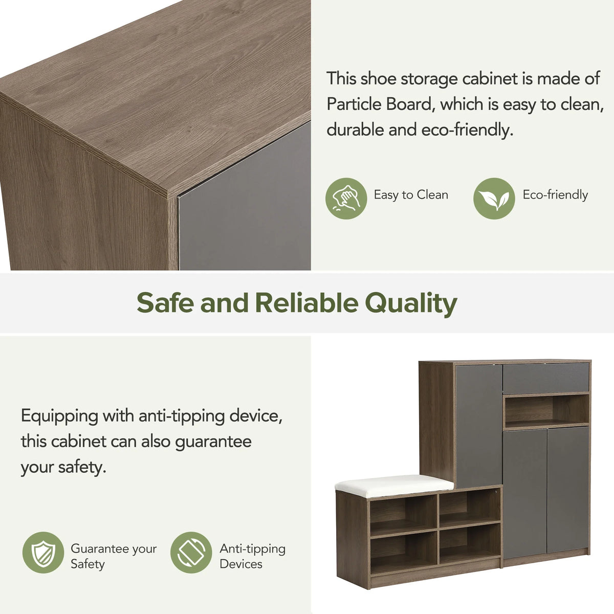 Dark Grey Shoe Storage Bench with Padded Seat and Adjustable Shelves M15363