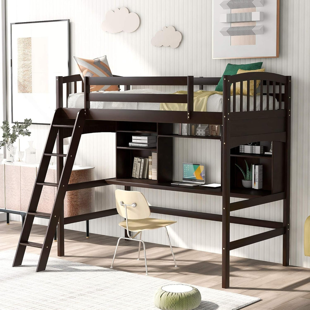Twin Size Solid Wood Loft Bed with Desk and Storage Shelves D857195