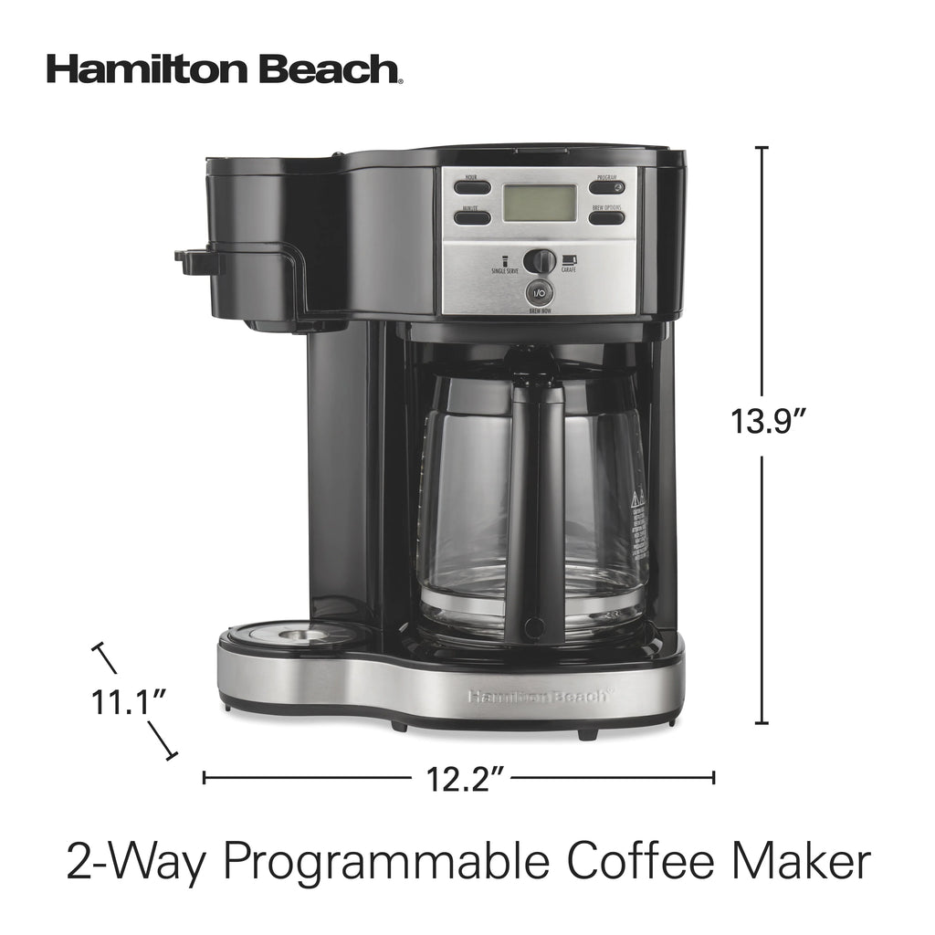 2-Way Programmable Coffee Maker, Single-Serve and 12-Cup Pot, Glass Carafe, Stainless Steel F55497