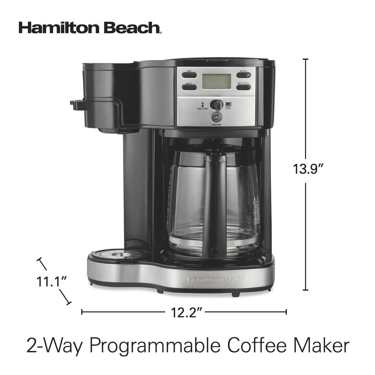 2-Way Programmable Coffee Maker, Single-Serve and 12-Cup Pot, Glass Carafe, Stainless Steel F55497