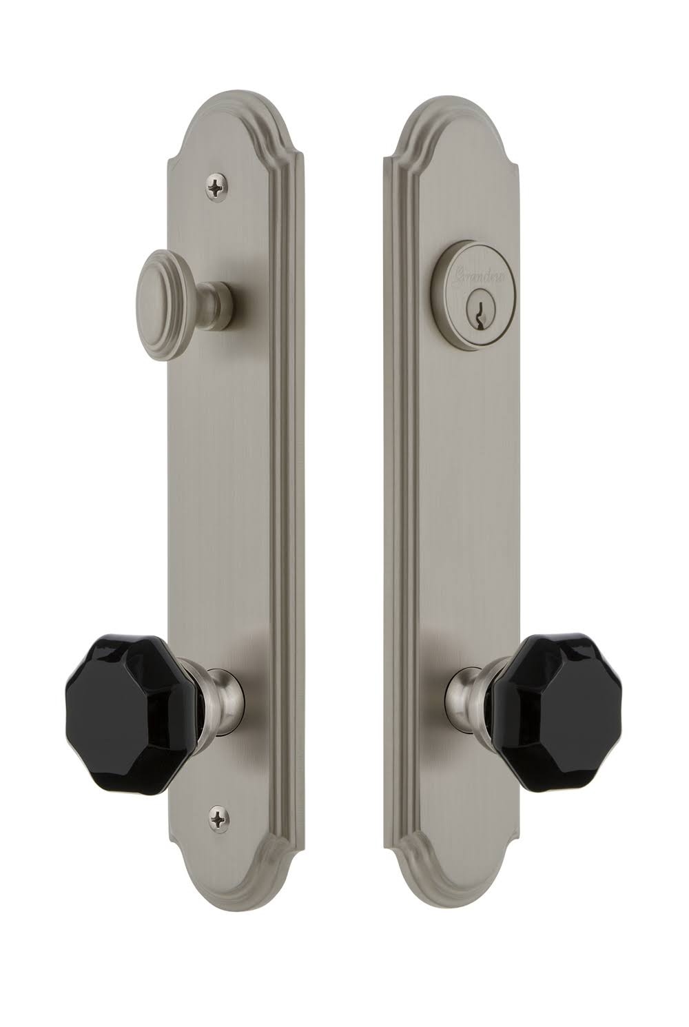 Tall Plate Entry Set with Lyon Knob in Satin Nickel E5931