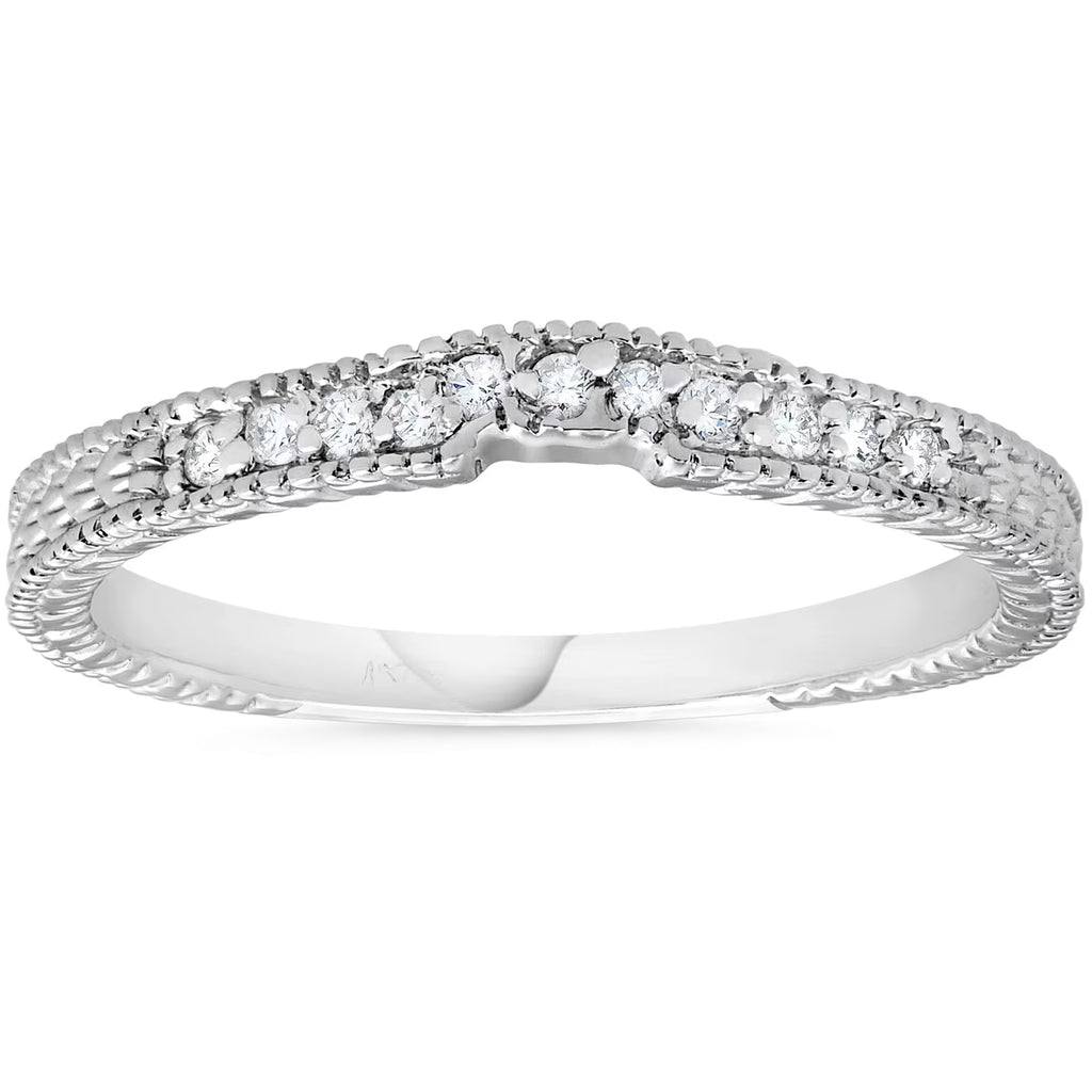 Vintage Diamond Notched Wedding Ring 14K White Gold D805