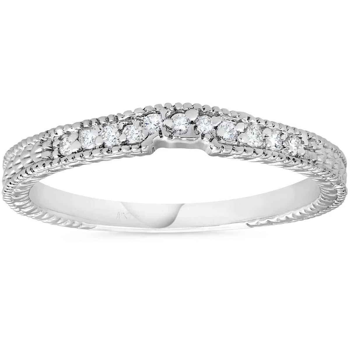 Vintage Diamond Notched Wedding Ring 14K White Gold D805