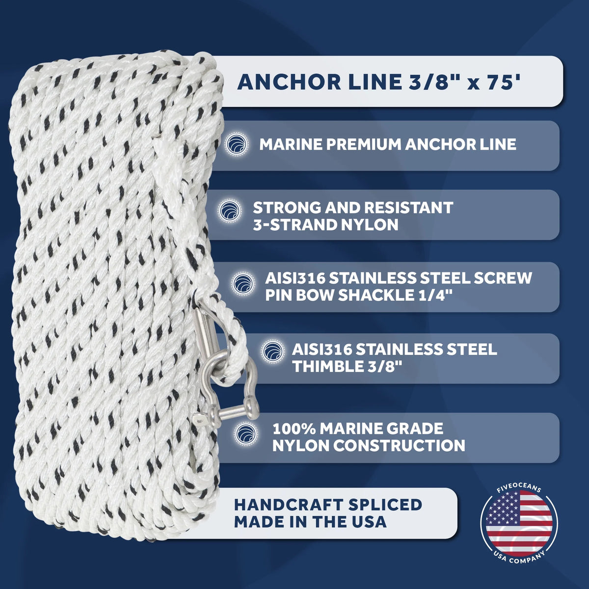 3/8 inch x 75 ft 3-Strand White Nylon Anchor Rope with Stainless Steel Thimble and Schakle K581