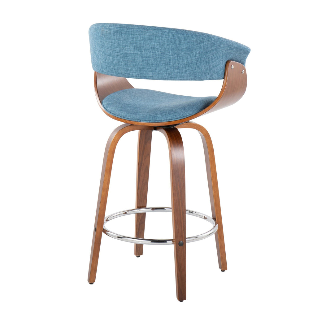 26" Mid-Century Modern Counter Stool with Swivel in Walnut Wood and Blue Fabric with Round Chrome Metal Footrest - Set of 2 I8586