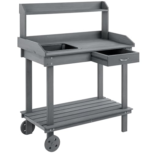 36" Wooden Potting Bench Work Table with 2 Removable Wheels, Brown J925