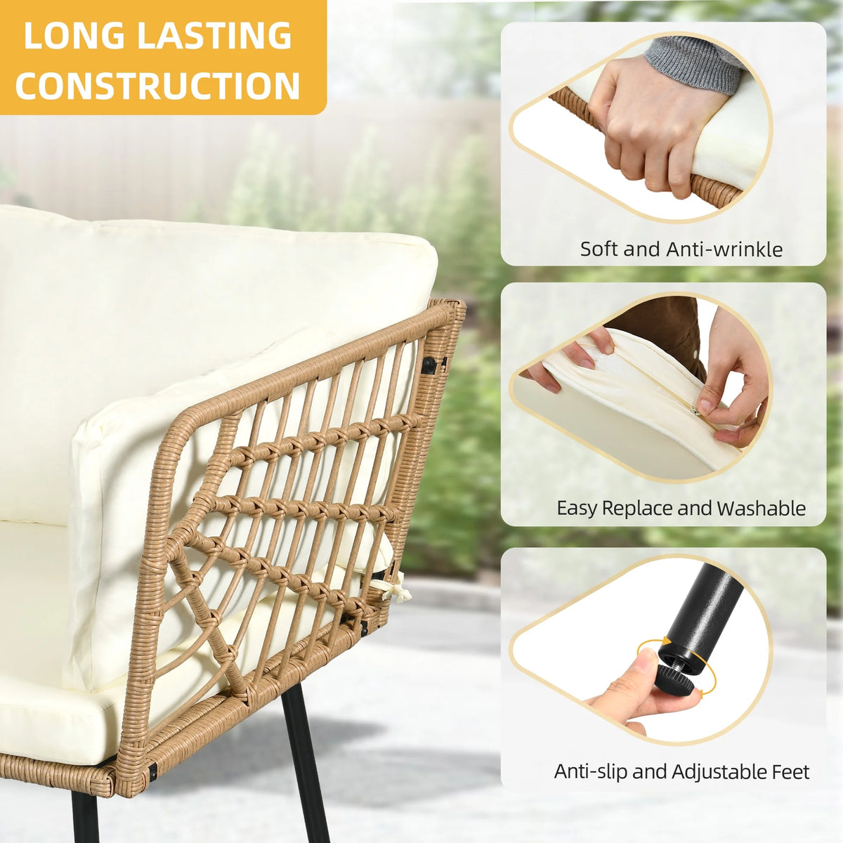 Beige Wicker L-Shaped Sofa Set with Cushions and Coffee Table V25988
