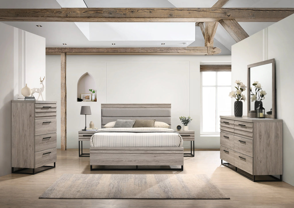 Queen Upholstered Wood Panel Bed Dresser Mirror 2 Nightstands and Chest Y69310