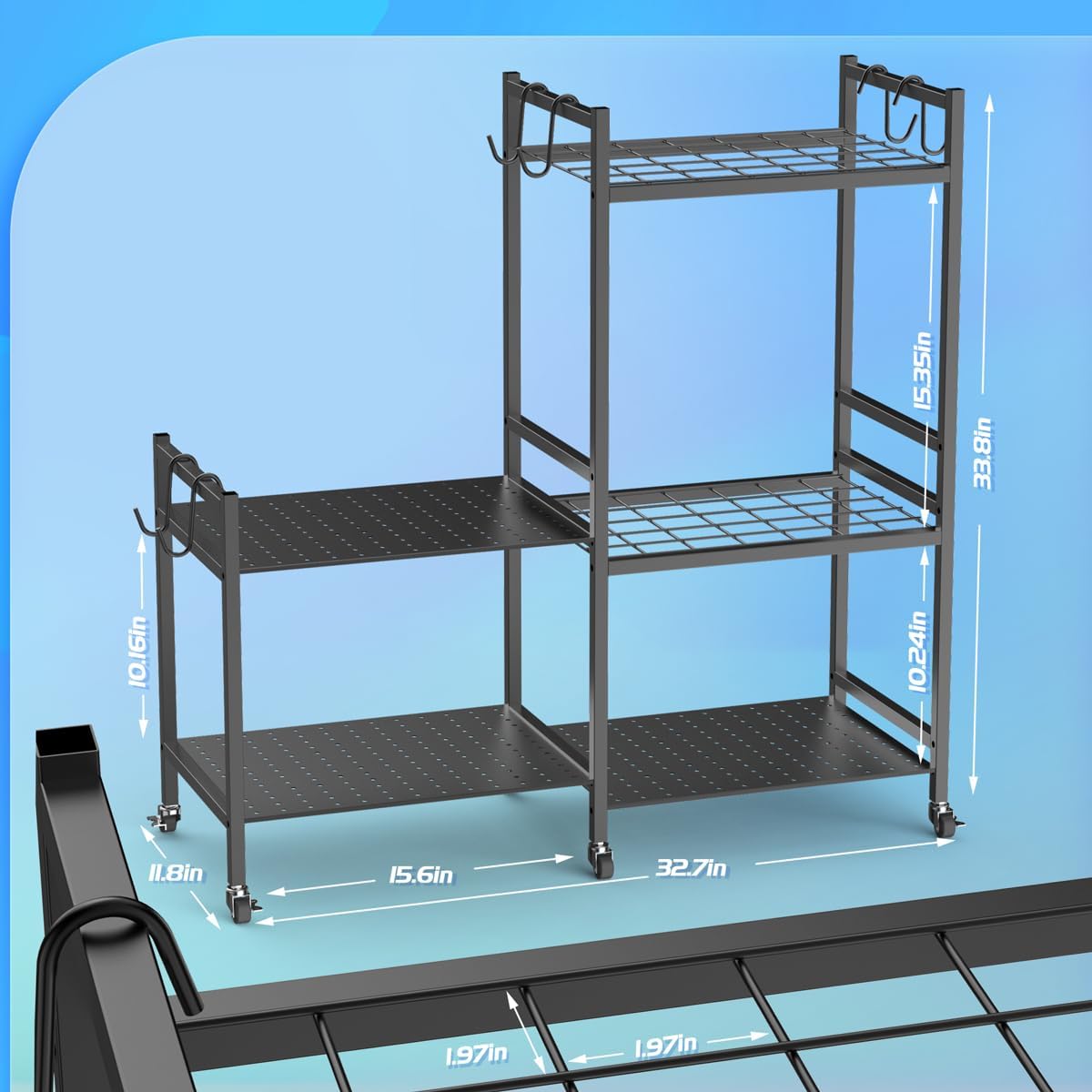 Garden Tool Storage Rack with 6 Hooks and 2-tier Metal Shelves T863215