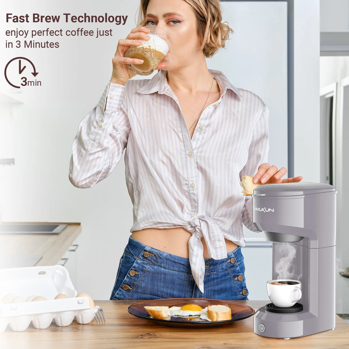 Single Serve Coffee Maker with 6 to 14oz Reservoir, Light Grey E2280