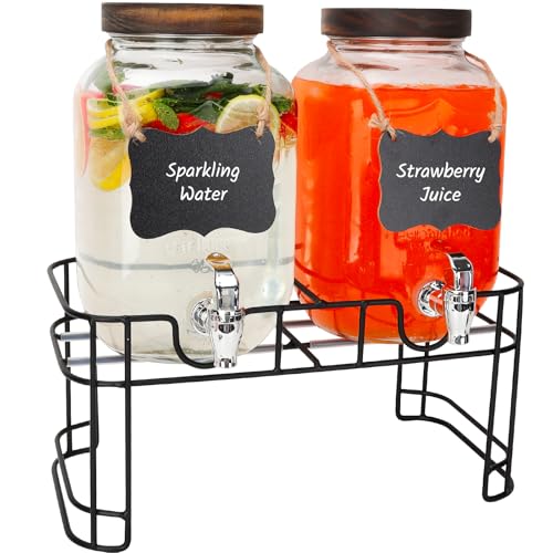 2 Pack 1 Gallon Glass Beverage Dispenser with Stand and Spigot D219378