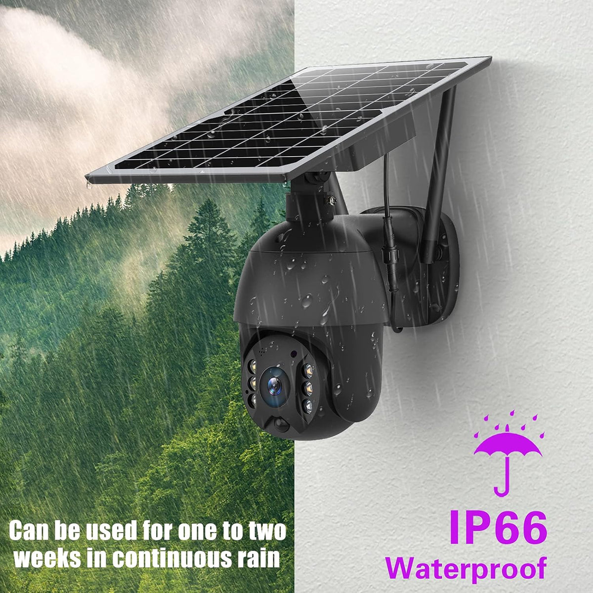 Solar Powered Wireless Security Camera Outdoor Pan Tilt WiFi Waterproof with Spotlight Battery Solar Panel Color Night Vision Motion Detection 2-Way Audio SD&Cloud Storage Black J500