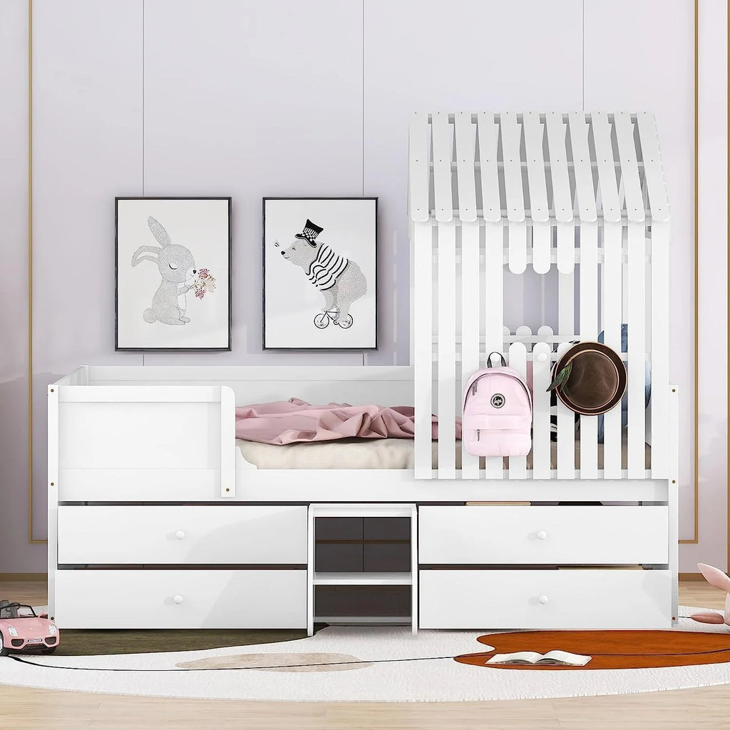 White Full Size Wood House Bed with 4 Drawers S97969