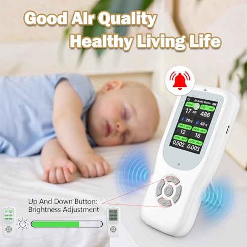 11-in-1 Air Quality Monitor with Stand for AQI, CO2, PM2.5, PM1.0, PM10, TVOC, HCHO, Particles, Temperature & Humidity (White-White) P300