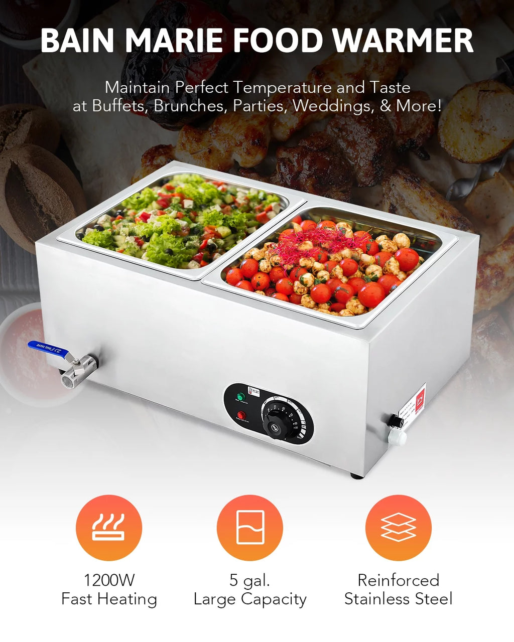 Commercial 2 Pan Bain Marie Food Warmer 1200W 20 Quart Electric Buffet Warmer X484733
