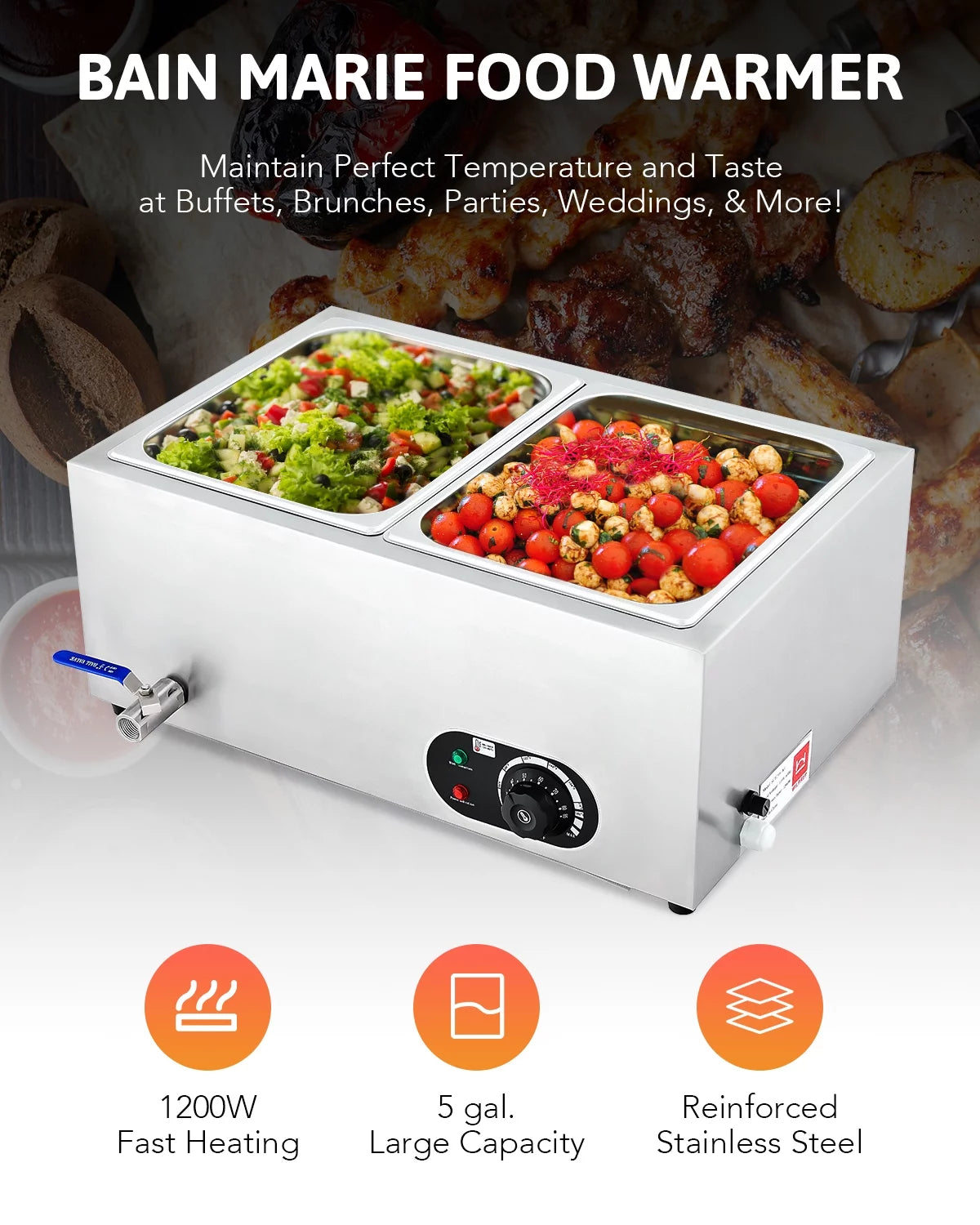 Commercial 2 Pan Bain Marie Food Warmer 1200W 20 Quart Electric Buffet Warmer X484733