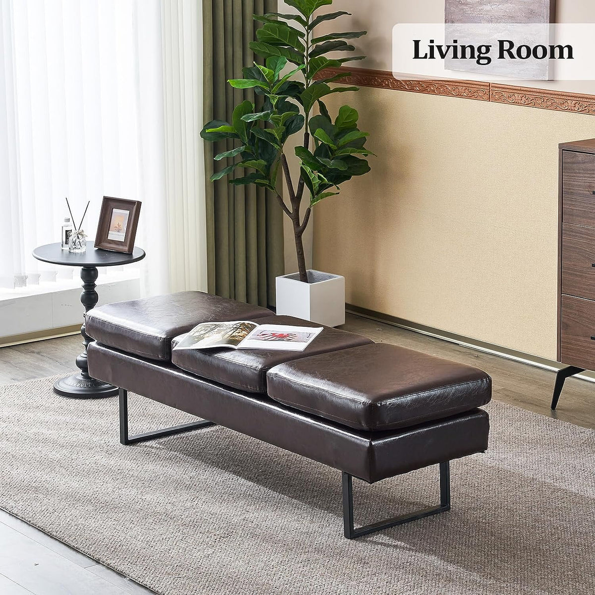 Upholstered 3 Seats Faux Leather Bench T495571