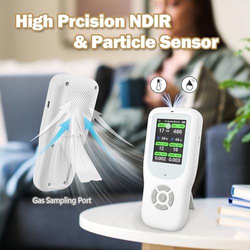 11-in-1 Air Quality Monitor with Stand for AQI, CO2, PM2.5, PM1.0, PM10, TVOC, HCHO, Particles, Temperature & Humidity (White-White) P300