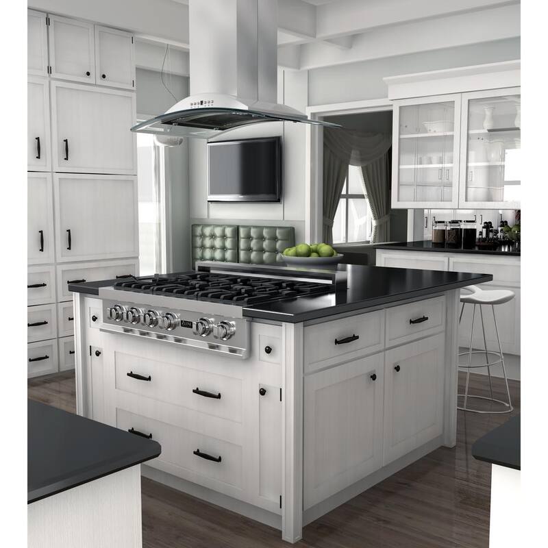 30 in. 400 CFM Convertible Island Mount Range Hood with 2 LED Lights in Stainless Steel with Curved Glass E16042