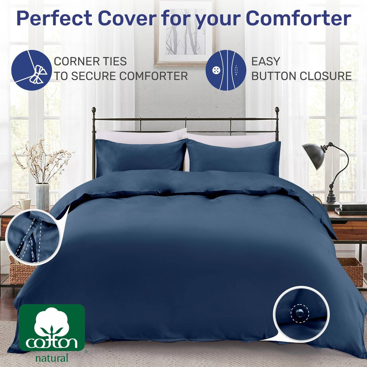 Indigo Navy Blue 100% Sateen Cotton Duvet Cover Set Queen/Full L239