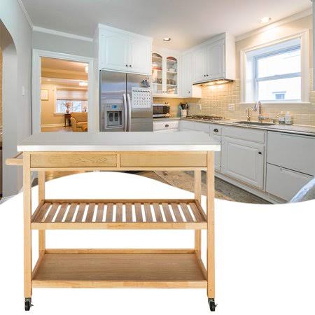 Moveable Kitchen Cart with Stainless Steel Table Top, 2 Drawers, 2 Shelves, Beige C30939