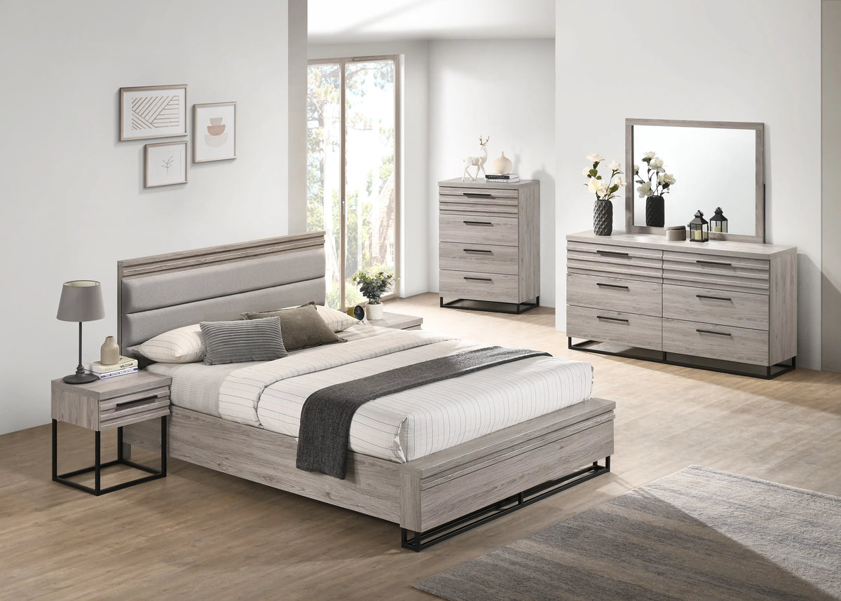 Queen Upholstered Wood Panel Bed Dresser Mirror 2 Nightstands and Chest Y69310