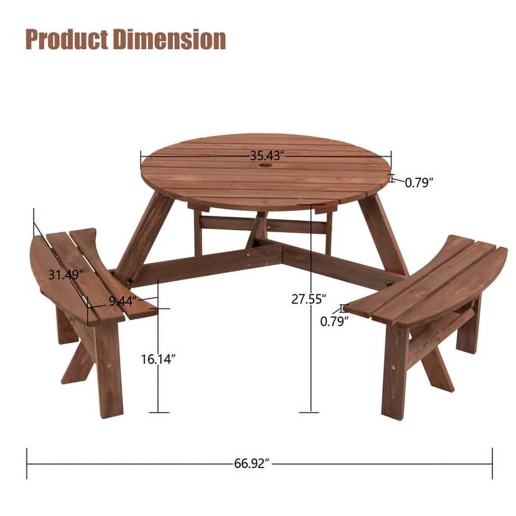 6-Person Circular Wooden Picnic Table with 3 Built-in Benches N877