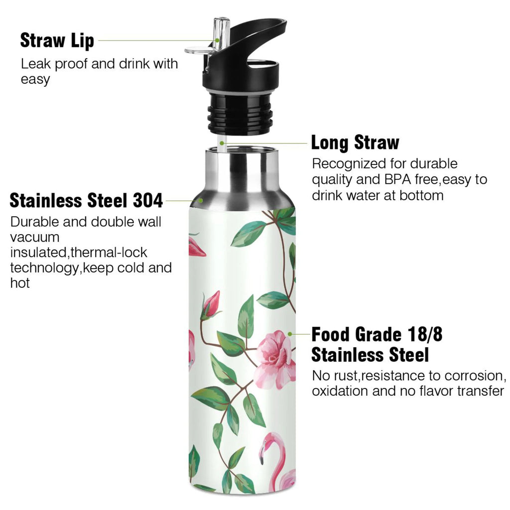 Pink Flamingos Rose Flowers Insulated Thermos Kids Stainless Steel Bottle with Straw Lid 20 oz I93723