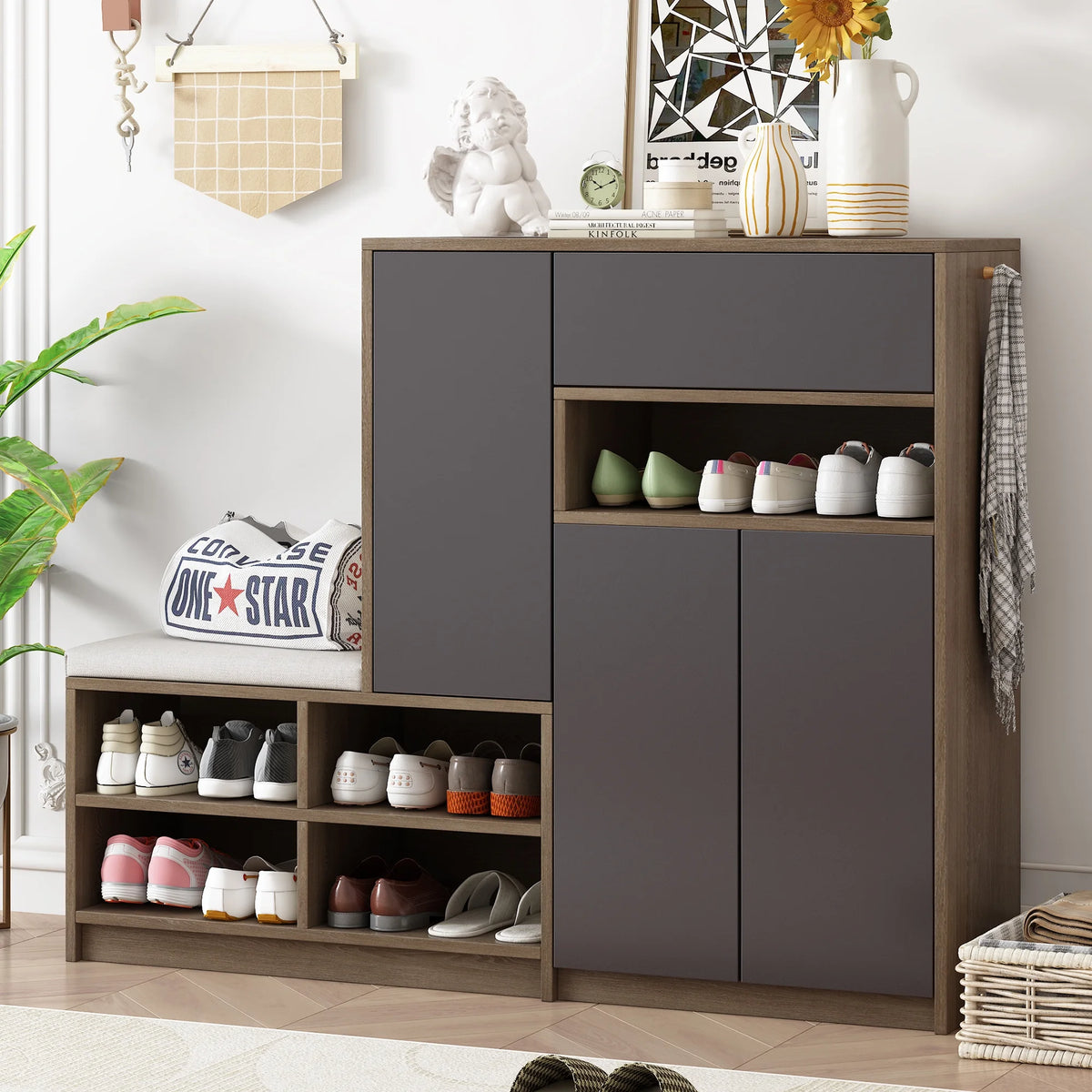 Dark Grey Shoe Storage Bench with Padded Seat and Adjustable Shelves M15363
