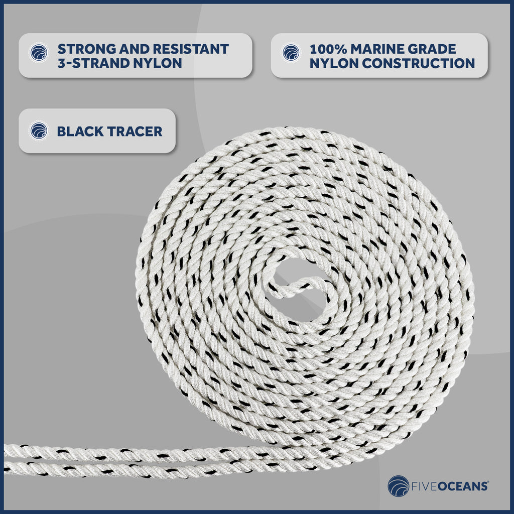 3/8 inch x 75 ft 3-Strand White Nylon Anchor Rope with Stainless Steel Thimble and Schakle K581