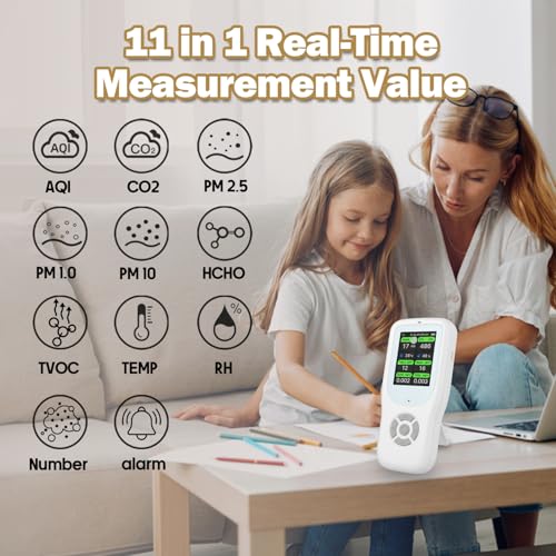11-in-1 Air Quality Monitor with Stand for AQI, CO2, PM2.5, PM1.0, PM10, TVOC, HCHO, Particles, Temperature & Humidity (White-White) P300