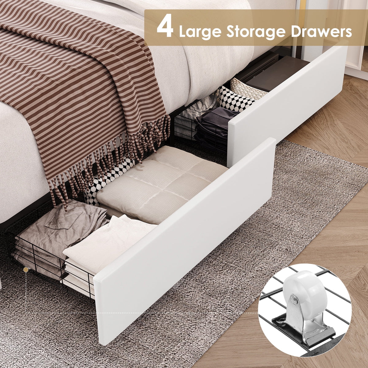 White Full Size LED Bed Frame with 4 Storage Drawers S486