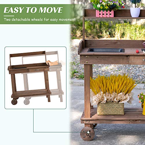 36" Wooden Potting Bench Work Table with 2 Removable Wheels, Brown J925