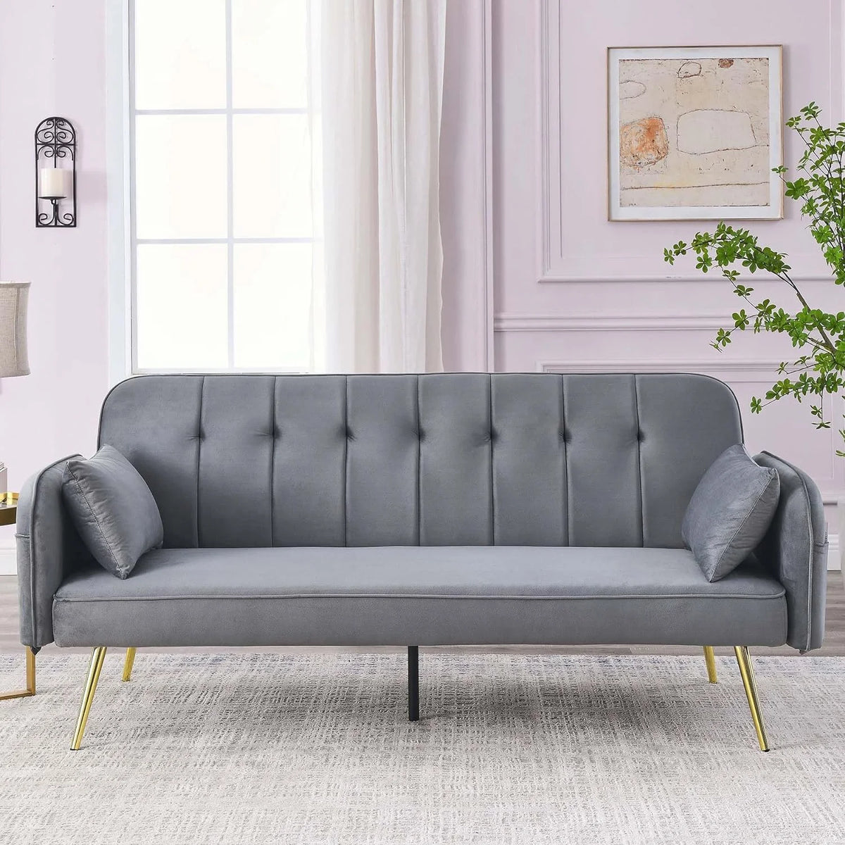 Grey Velvet Convertible Folding Sofa Bed O93044
