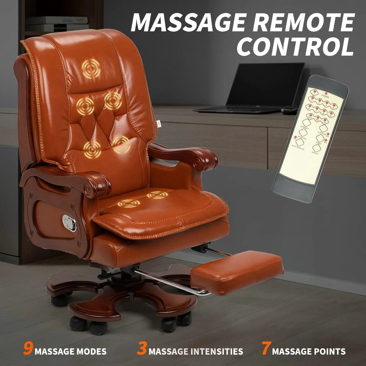 Massage Office Chair with Footrest Genuine Leather Fully Reclining Solid Wood Handrail Adjustable Tilt Back Angle Black X19178
