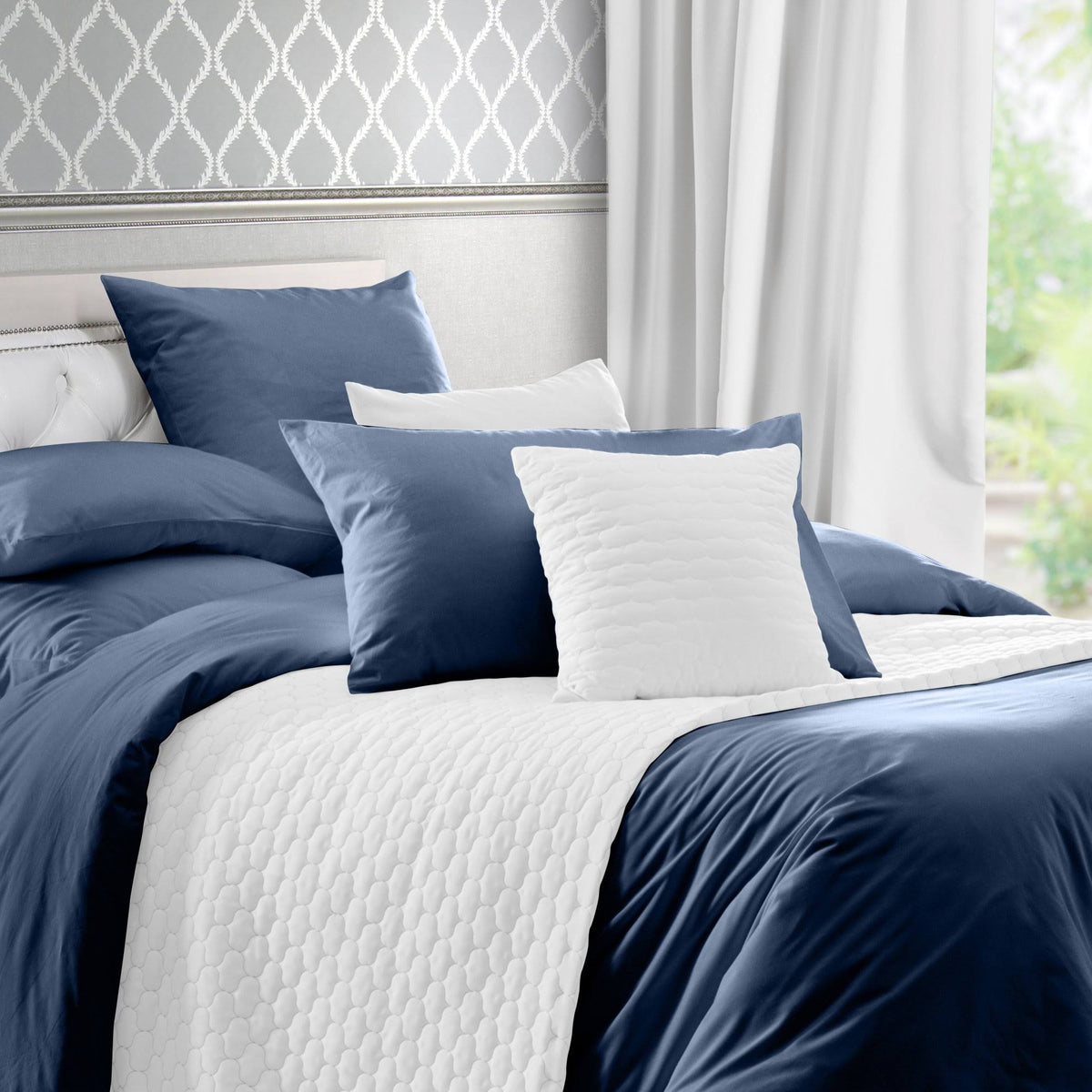 Indigo Navy Blue 100% Sateen Cotton Duvet Cover Set Queen/Full L239