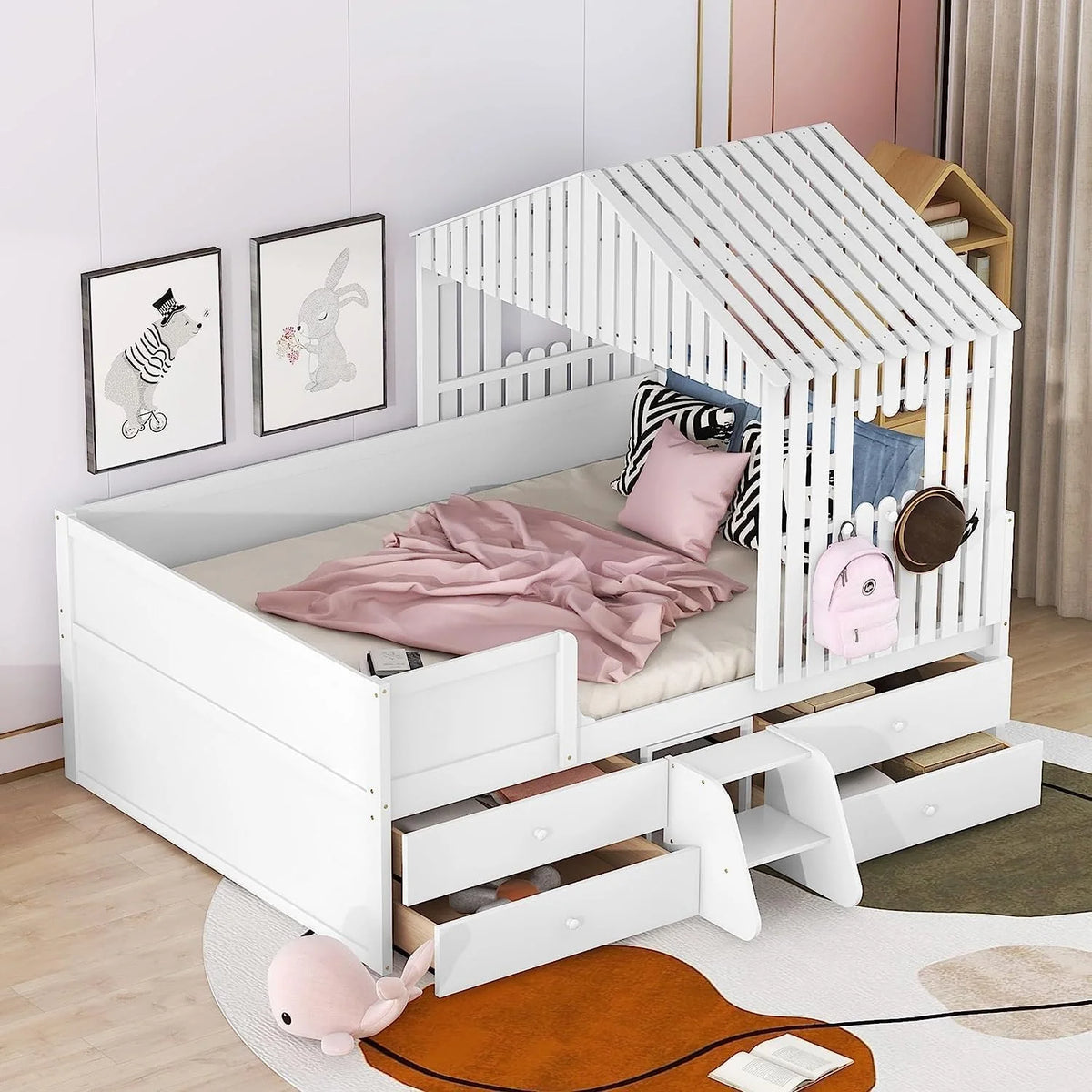 White Full Size Wood House Bed with 4 Drawers S97969