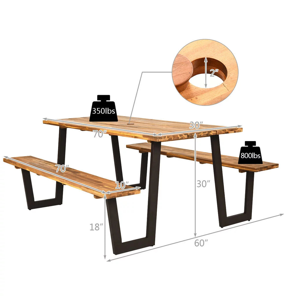 Wooden Picnic Table Bench Set with Umbrella Hole R912