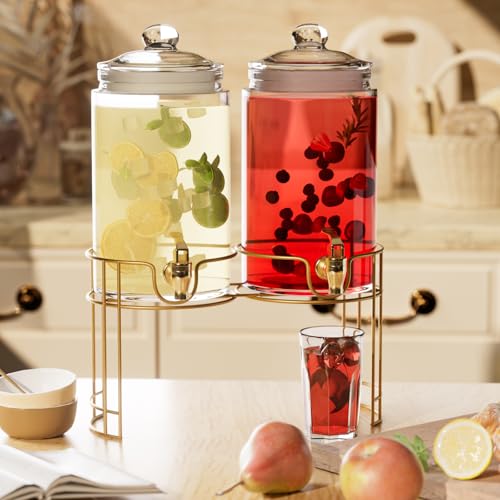 2 Pack 1 Gallon Glass Beverage Dispenser with Stand and Spigot D219378