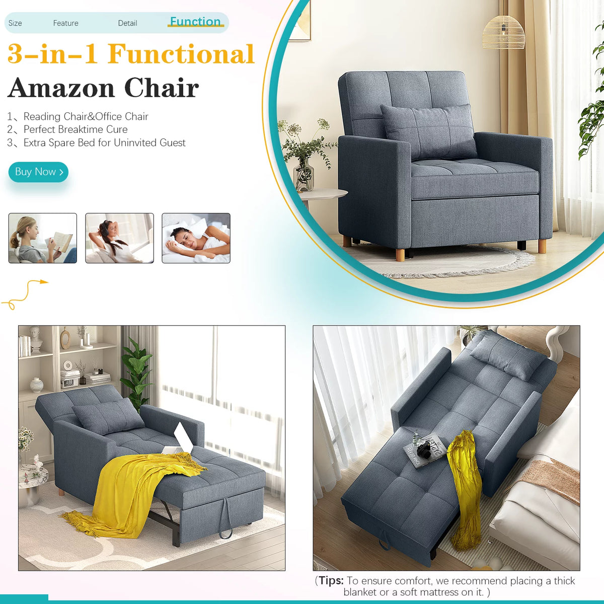 Dark Grey 3 in 1 Sleeper Sofa Chair with Pillow N877