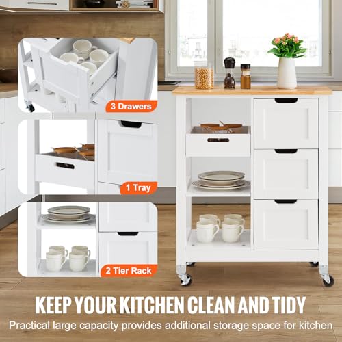 White 26 inch Rolling Kitchen Island Cart with 3 Drawers and Shelves X59820