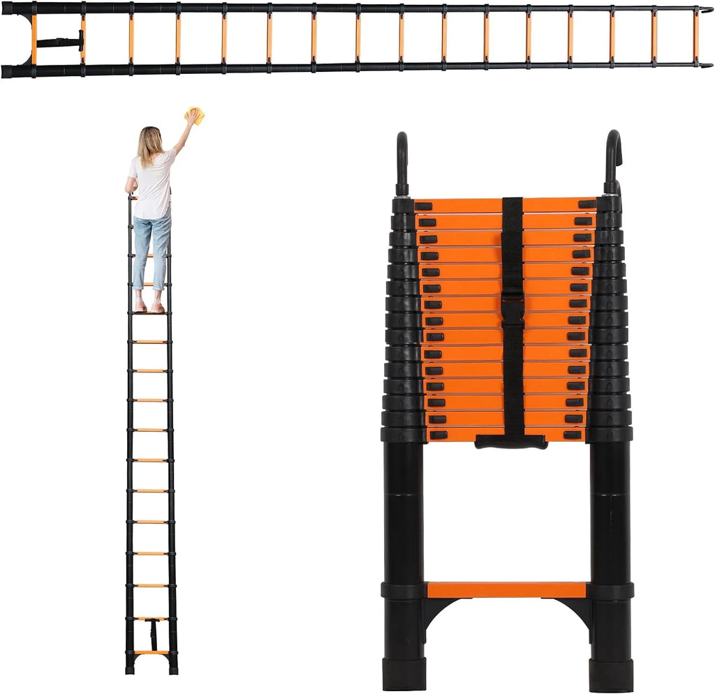 Telescoping Ladder 10.5 FT Aluminum with 2 Detachable Roof Hooks and 2 Triangle Stabilizers Y97877