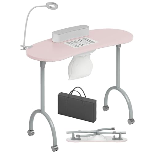 Portable Foldable Manicure Nail Table with Dust Collector Fan, LED Lamp, 4 Lockable Wheels and Carry Bag, Pink J326