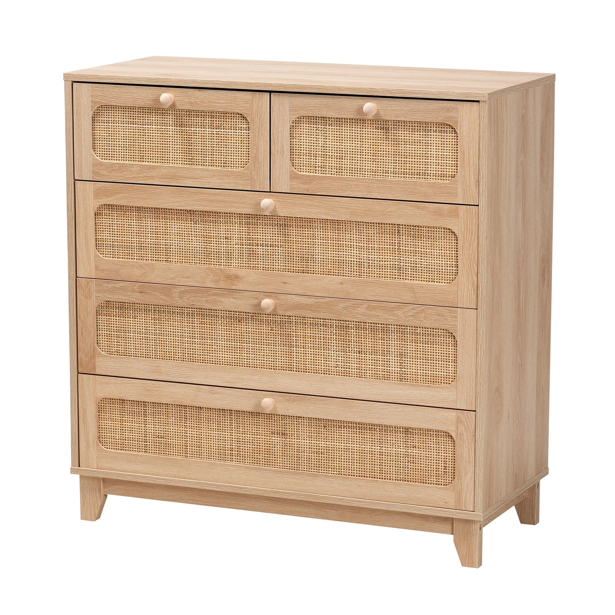 Oak Brown Wood and Natural Rattan 5-Drawer Storage Cabinet V1167