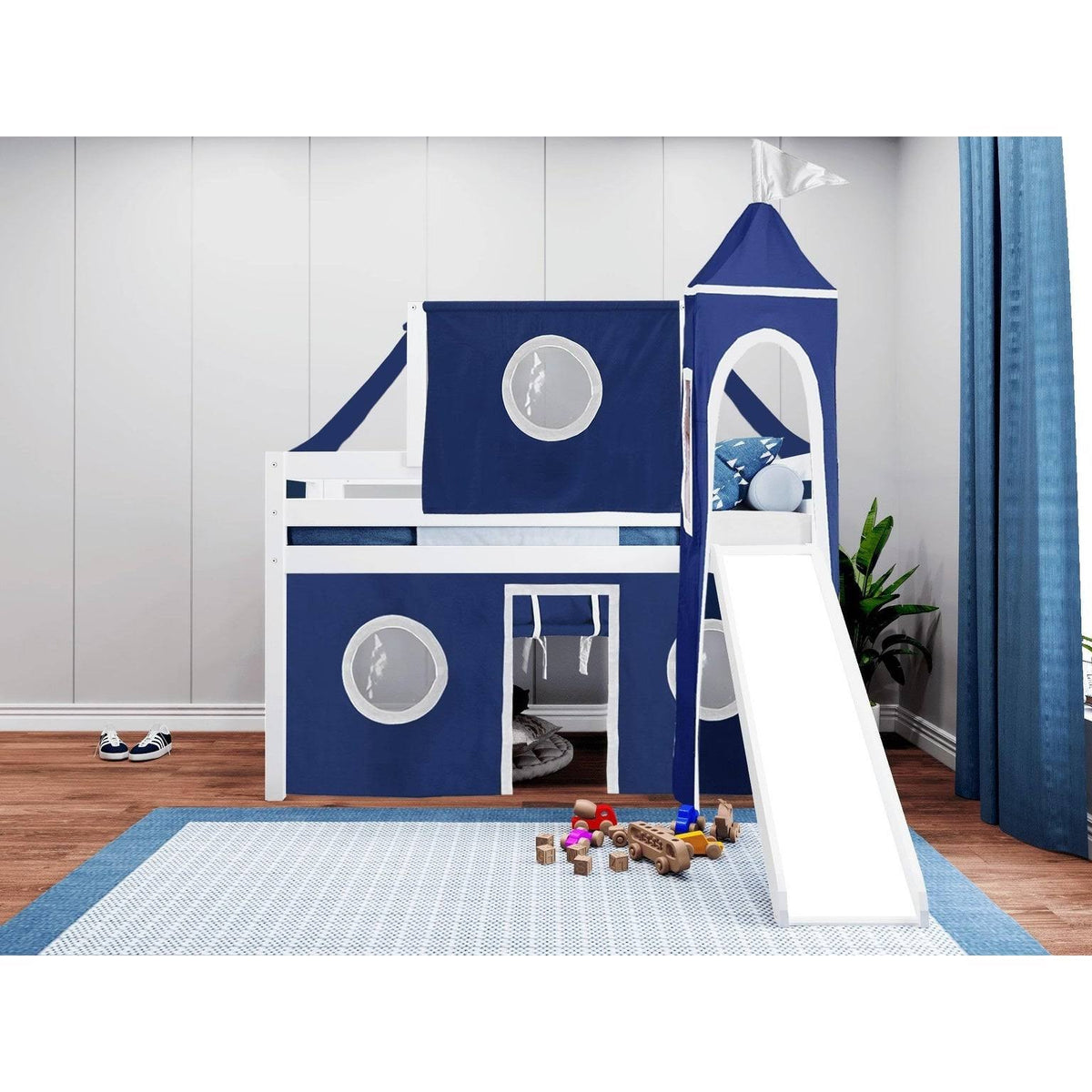 Gray Low Loft Twin Bed with Slide and Tower P3184