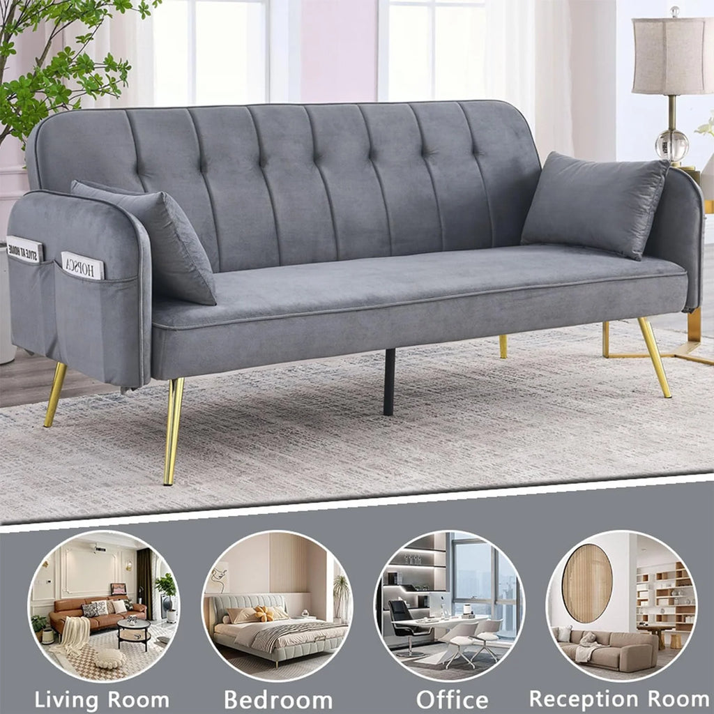Grey Velvet Convertible Folding Sofa Bed O93044