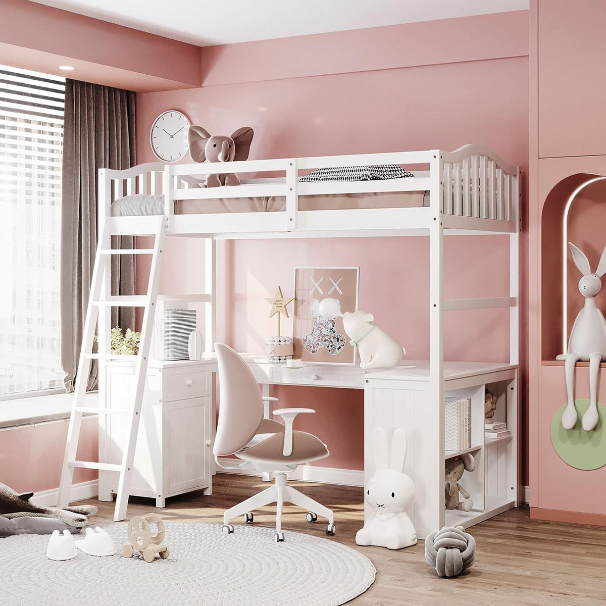 Twin Size Solid Wood Loft Bed with Desk and Storage Shelves D857195