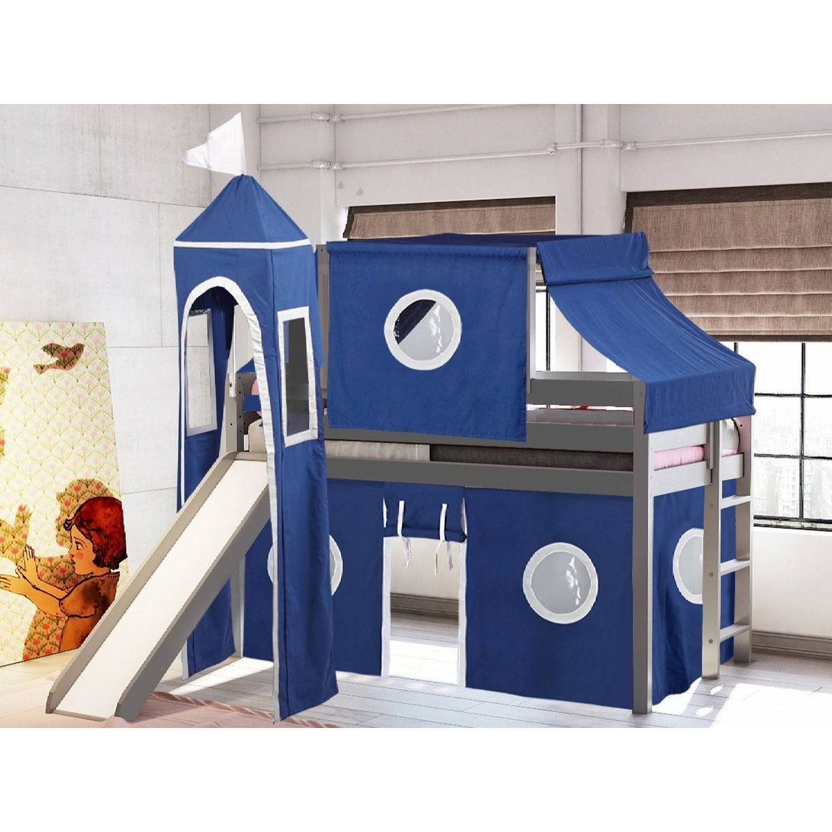 Gray Low Loft Twin Bed with Slide and Tower P3184