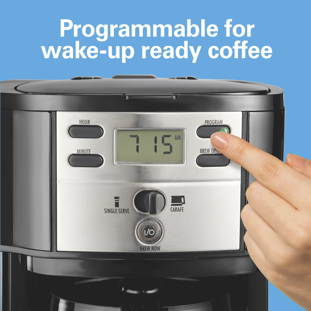 2-Way Programmable Coffee Maker, Single-Serve and 12-Cup Pot, Glass Carafe, Stainless Steel F55497
